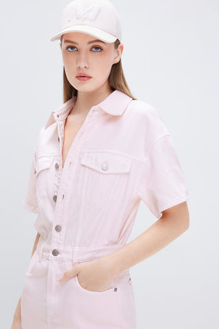 Light Pink Cotton Cargo Style Denim Shirt Dress