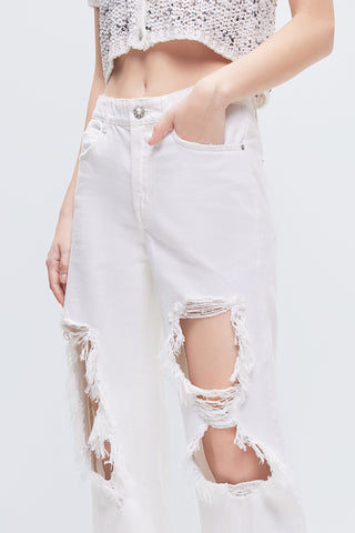 White Distressed Straight-leg Denim Jeans With Embellishment