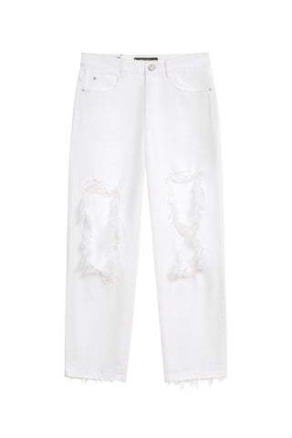 White Distressed Straight-leg Denim Jeans With Embellishment