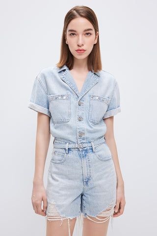 Light Blue Distressed Denim Jumpsuit With Linen Blend