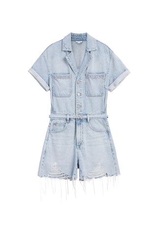 Light Blue Distressed Denim Jumpsuit With Linen Blend
