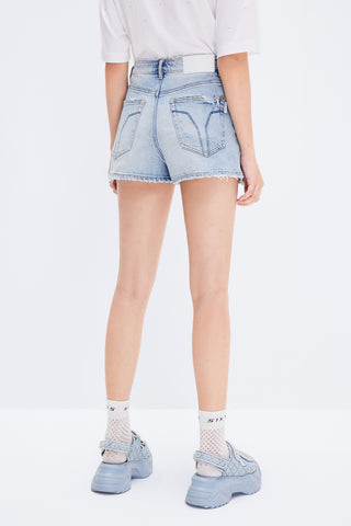 Denim Shorts With Silk Slant Placket