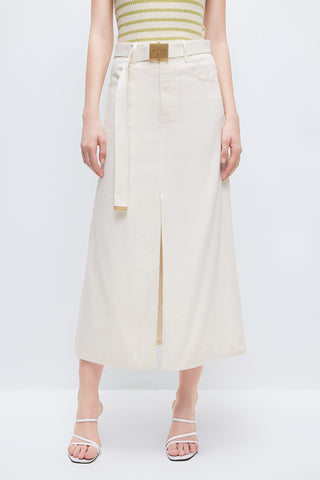 Cotton And Linen Beige Slit Cargo Skirt
