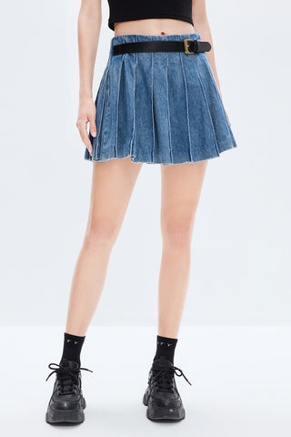 Blue Colorblock Belt Linen-cotton Denim Pleated Skirt