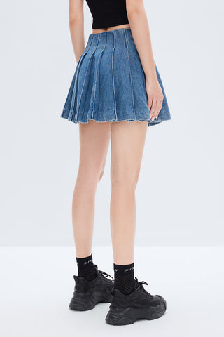 Blue Colorblock Belt Linen-cotton Denim Pleated Skirt