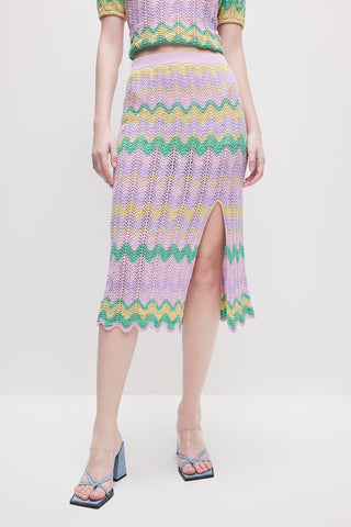 Ethnic-inspired Colorful Wavy Pattern Slit Midi Skirt