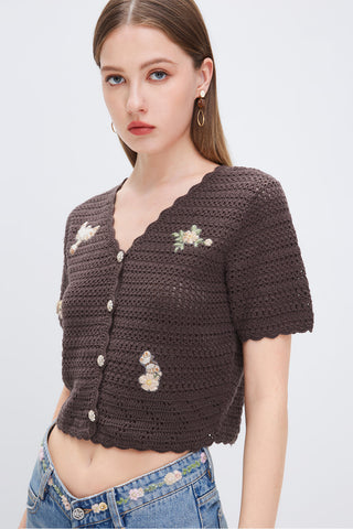 V-Neck Embroidered Hollow-out Short-sleeve Cardigan