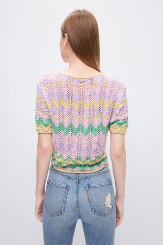 Ethnic-inspired Wavy Pattern Short-sleeve Knit Top