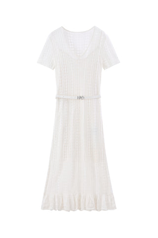 Elegant Two-piece Set Hollow-out Silk Linen Dress