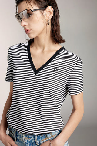 V-Neck Black And White Striped T-Shirt