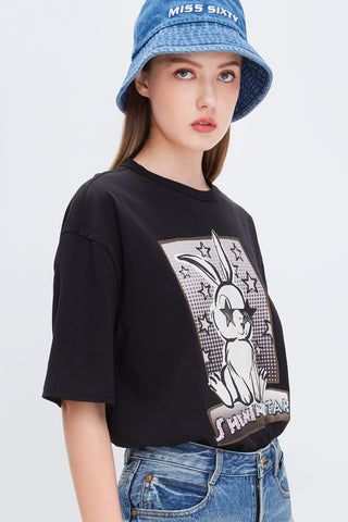 Gradient Letter Beaded Bunny T-Shirt