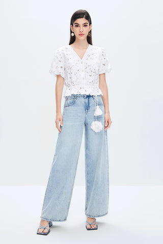 V-Neck Tassel Tie Linen Denim Top