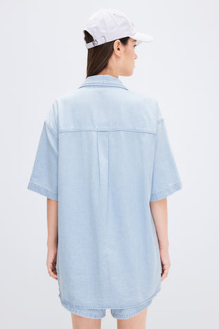 Blue Cotton Embroidered Short Sleeves Denim Shirt