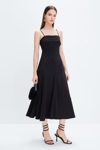 Silk Suspenders Drape Black Dress