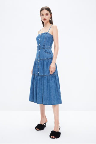 Blue Slim Fit Cotton And Linen Denim Sundress