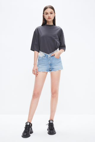 Angel Collection  Embroidered Ripped Low Waist Denim Shorts