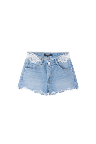 Angel Collection  Embroidered Ripped Low Waist Denim Shorts