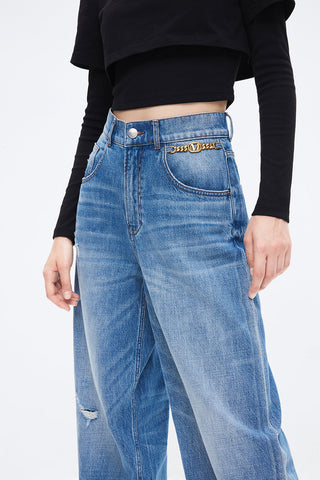 Vintage Wide Leg Jeans With Metal Chain