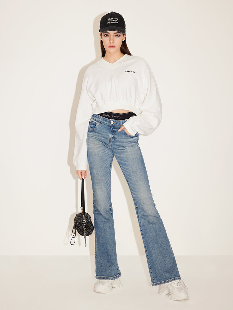 Retro Blue Stitching Double Waist Slim Bootcut Pant