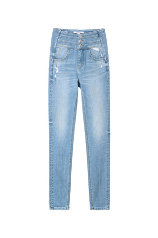 High Rise Slim Fit Hip Lift Jeans With Fringes Trim