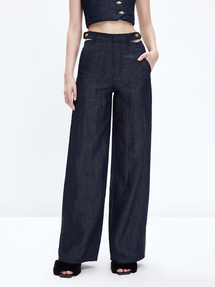 Dark Blue Cutout Wide-Leg Linen Jeans