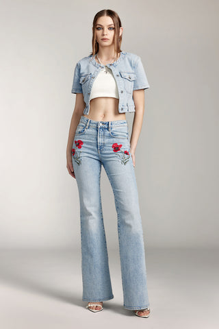 Slim Fit Flared Cotton Jeans With Delicate Beaded