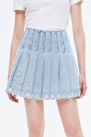 Denim Pleated Culottes With Flower Edge