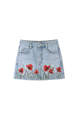 Light Blue Denim A-Line Skirt With Delicate Beaded