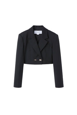 Black Button Short Suit Blazer With Shoulder Pad