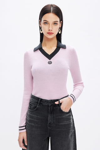 Colour Contrasting V-Neck Stretch Fit Wool Knit Wear