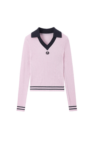 Colour Contrasting V-Neck Stretch Fit Wool Knit Wear