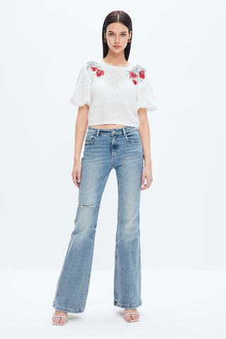 Embroidered Puffy Sleeves Cropped Cotton Top