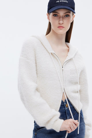White Hooded Double-Zip Woolen Jacket