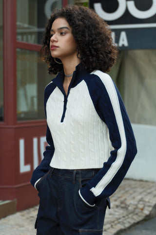 Half-Zip Lapel Short Sporty Colour Contrast Sweater