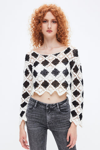 Black And White Check Crocheted Cropped Top