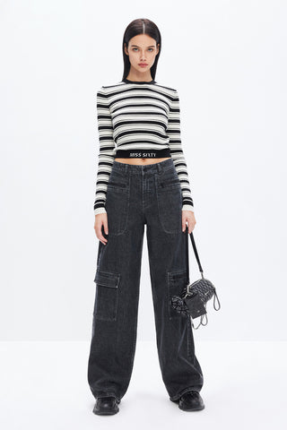 Round Neck Striped Cropped Sweater