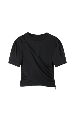Pleated Design Cotton Short T-Shirt