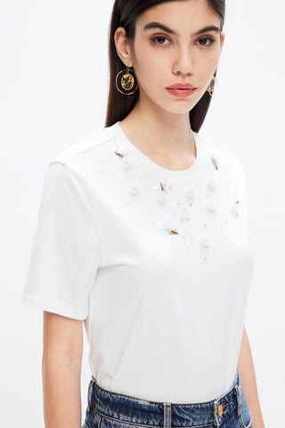 Round Neck Pure Cotton Loose Fit T-Shirt With Beaded Embellishment