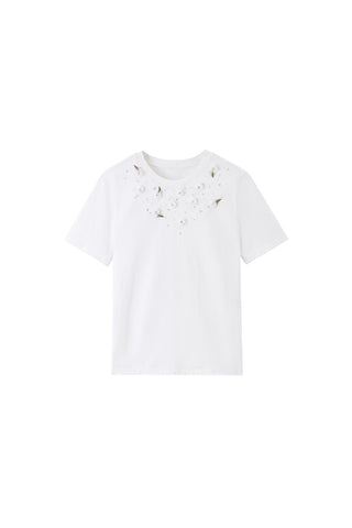 Round Neck Pure Cotton Loose Fit T-Shirt With Beaded Embellishment