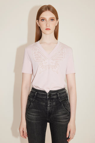 Sexy V-Neck Plush Butterfly Embroidered T-Shirt
