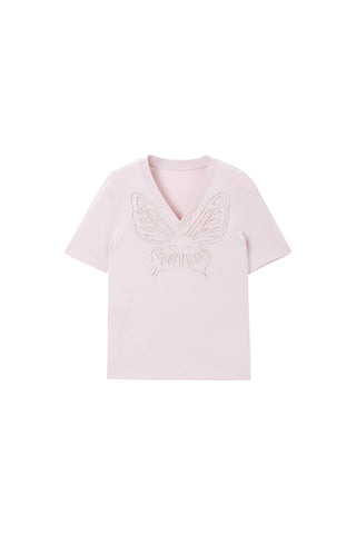 Sexy V-Neck Plush Butterfly Embroidered T-Shirt