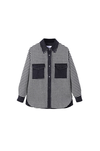 Polo Collar Oversize Hounstooth Panel Denim Jacket