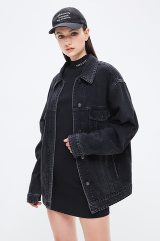 Retro Black Gray Loose Fit Denim Jacket