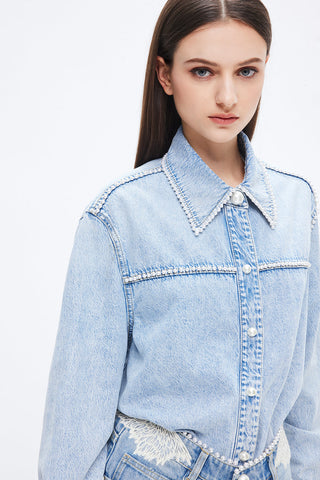 Angel Collection Cotton Embroidered Pearl Denim Shirt