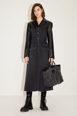 Stylish Mid-Length High-End Denim Patchwork Leather Coat