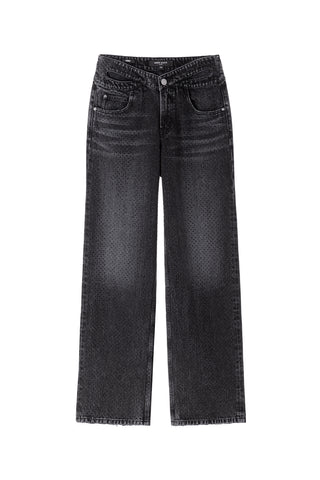 Black And Gray Hollow Butterfly Waist Crystals Straight Jeans