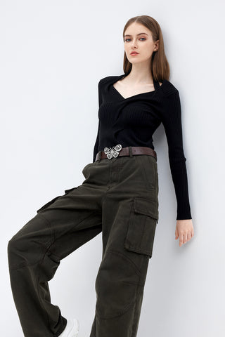 Retro Gray And Green Butterfly Belt Straight Cargo Jeans