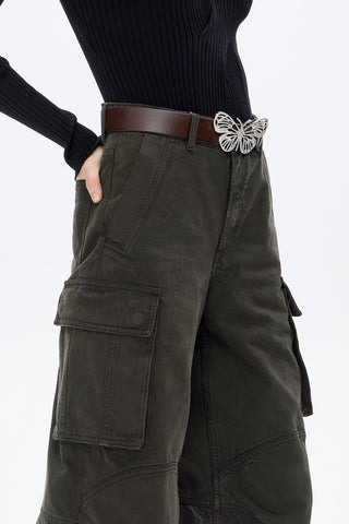 Retro Gray And Green Butterfly Belt Straight Cargo Jeans
