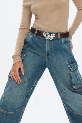 Vintage Butterfly Belt High Waist Cargo Style Straight Jeans