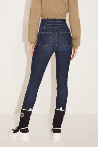 High-Waist Deep Blue Fleece-Lined Slim-Fit Denim Jeans